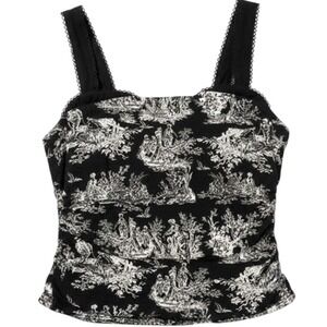 Thirty/Thirty Toile Tank Top Women L Black Ruched Lace Trim Square Neck romantic